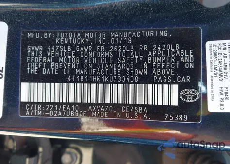 2019 Toyota Camry Se z USA, uszkodzony, nr VIN 4T1B11HK1KU733408
